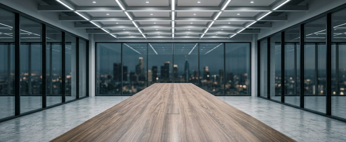 Sala de juntas ejecutiva vacía con vista nocturna a la ciudad — el espacio antes de diagnosticar el patrón que bloquea el retorno