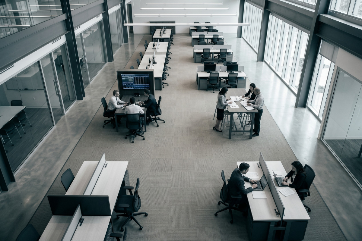 Vista aérea de planta corporativa con grupos aislados trabajando — fragmentación sin dirección estratégica