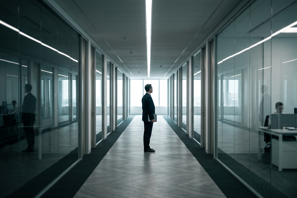 Corredor corporativo largo — la distancia entre lanzamiento e impacto financiero en proyectos de IA