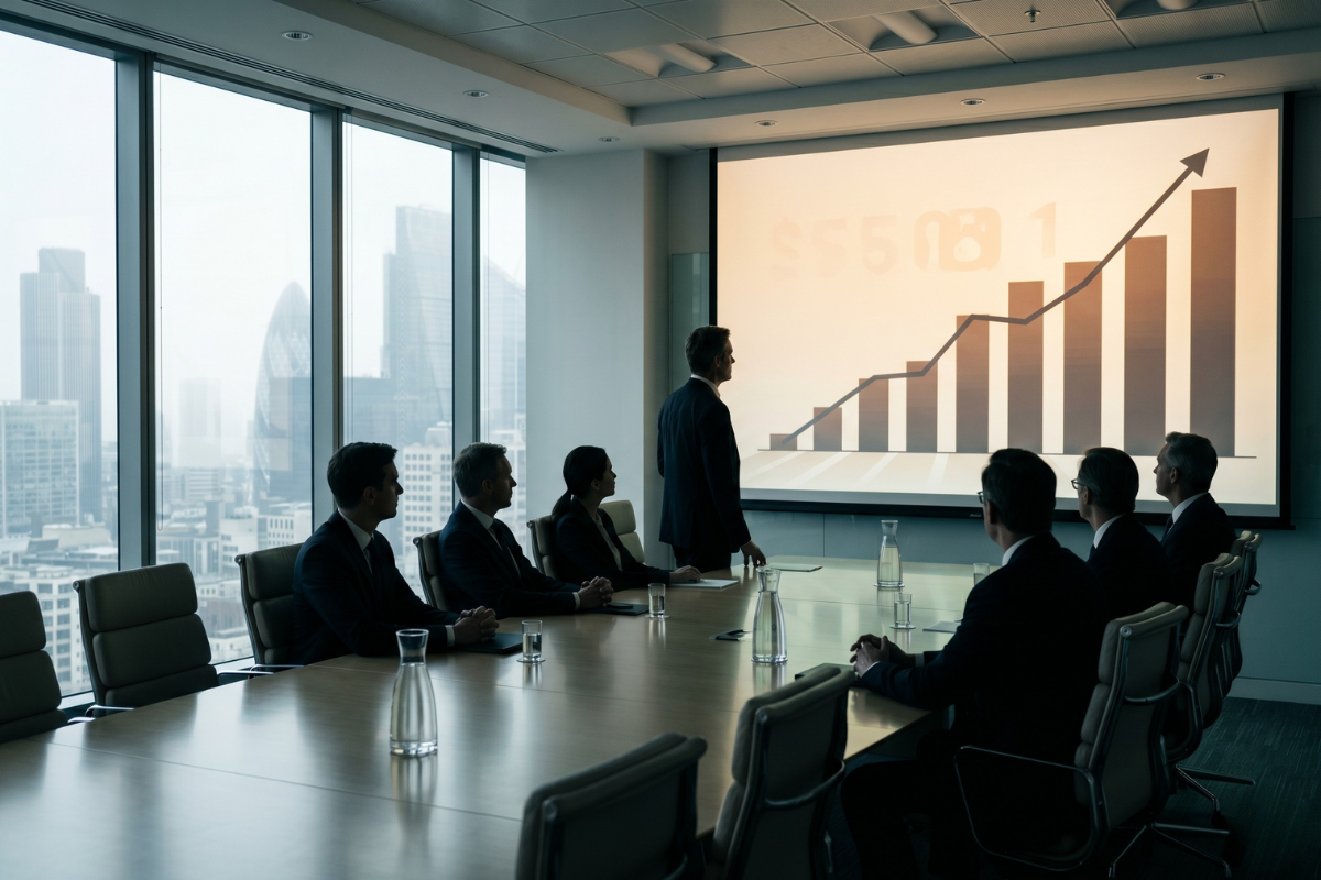 Sala de consejo con presentación de datos de inversión a gran escala — decisión ejecutiva