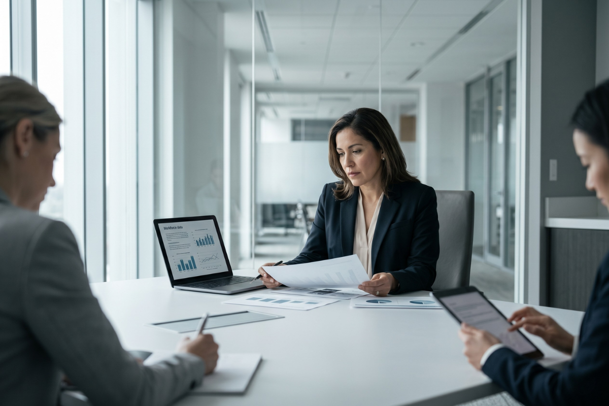Ejecutiva revisando datos de talento con su equipo — la estrategia de personas como decisión financiera