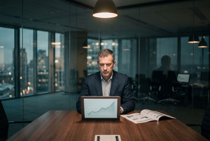 Directivo revisando en solitario un reporte financiero junto a un panel de productividad — la brecha entre el uso de la IA y el resultado que llega al EBIT