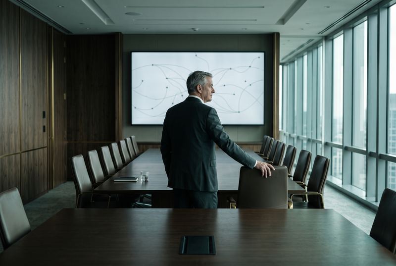 Directivo de pie, solo, a la cabeza de una sala de juntas vacía — el estilo de liderazgo que decide si la IA llega al EBIT