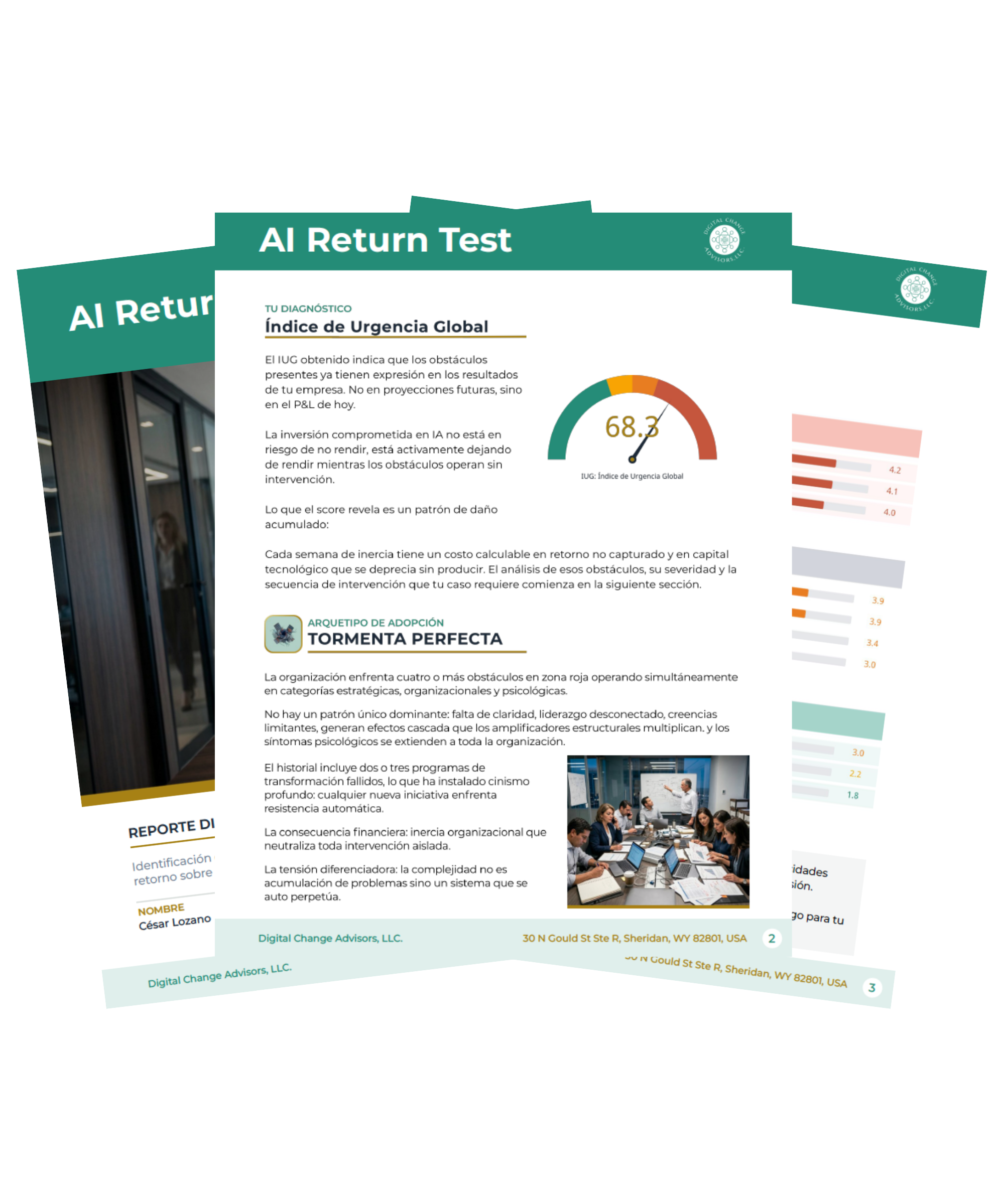 Muestra del reporte ejecutivo AI Return Test — Índice de Urgencia Global, mapa de calor de obstáculos y arquetipo de resultado