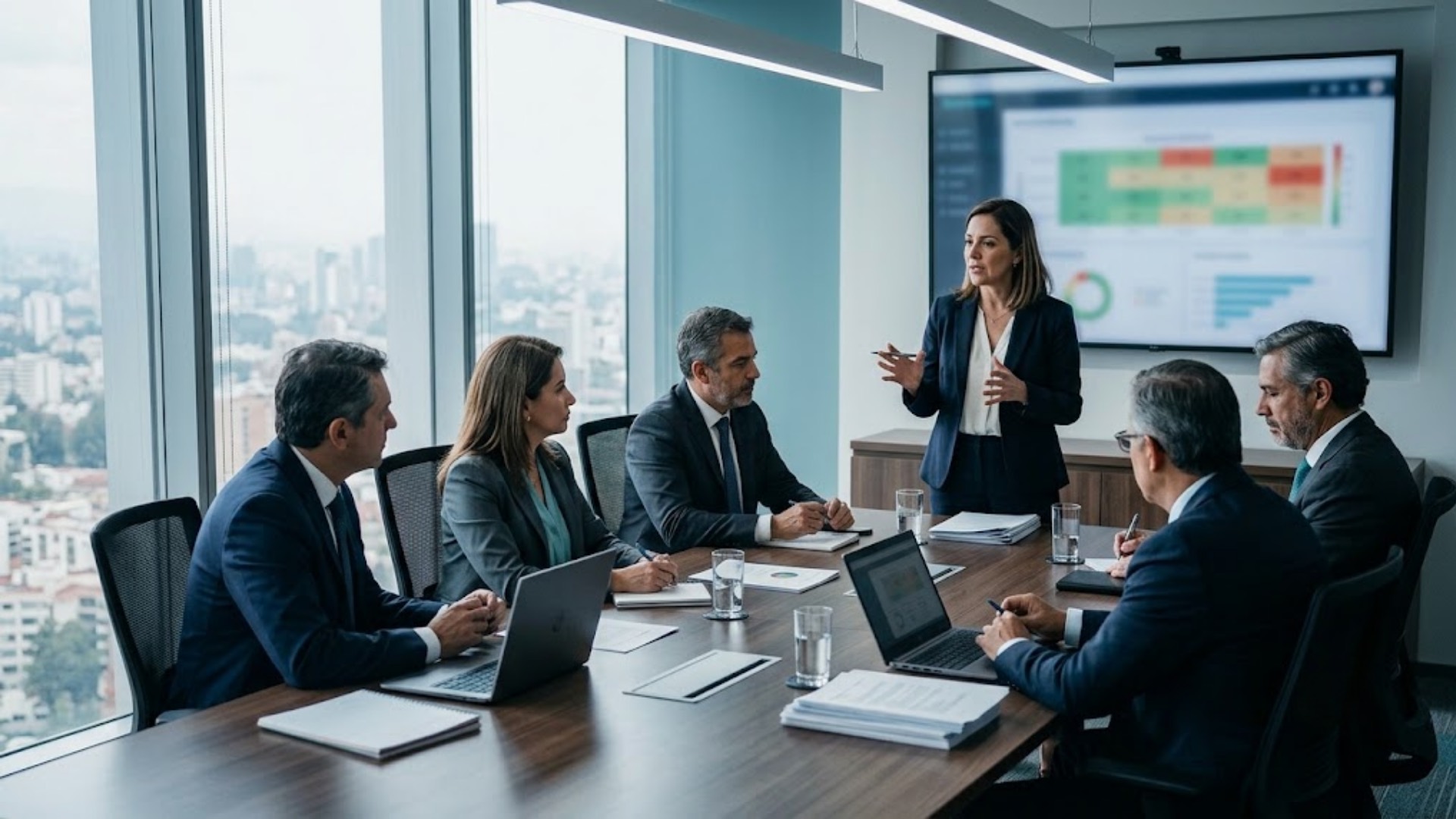 Sesión del AI Return Assessment: líderes revisando el heatmap de resultados con una facilitadora — Modelo ARIA